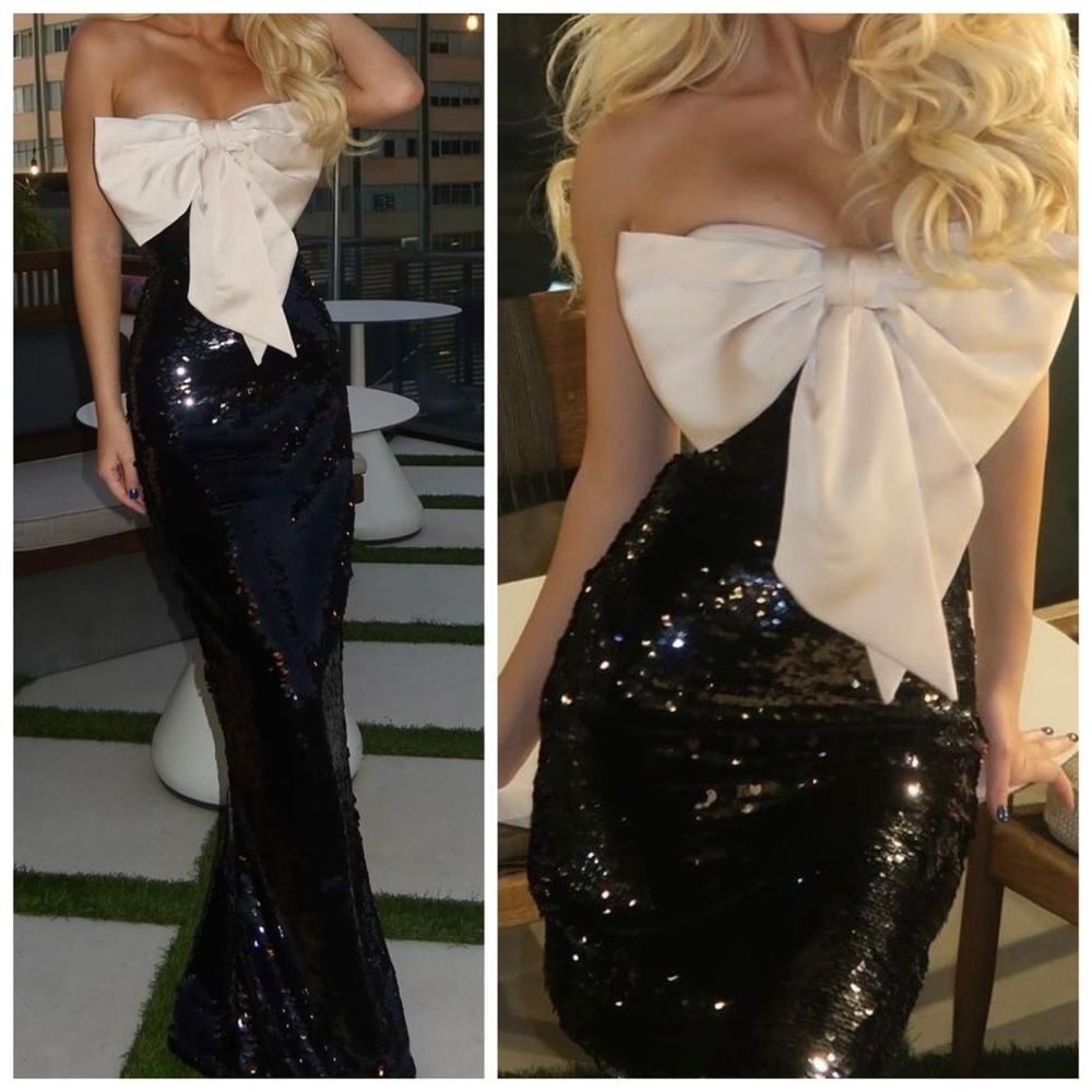 House of CB Black Sequin Satin Bow Holly Strapless Maxi Gown Dress S